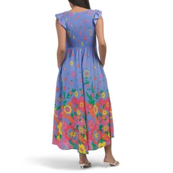 Mister Zimi Blue Meadow Floral Print Abbie Elasticized Smocked   Midi Dress 6 - Picture 3 of 7